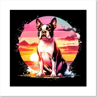 Watercolor Boston Terrier Sunset Posters and Art